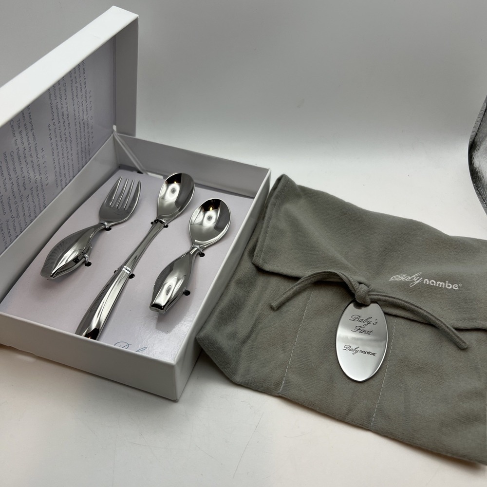 NWT Baby Nambe 3 Piece Baby Utensil Set By Sean O'Hara With Cloth Wrap & Tag